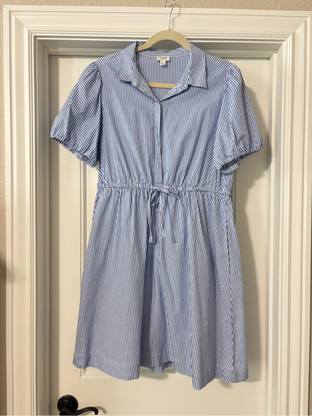 J. Crew Light Blue Striped Shirt Dress with Cap Sleeves and Drawstring Waist